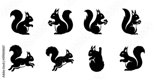 Black squirrel silhouette collection, set of 8 forest animal vector icons, minimalist wildlife rodent shapes for nature branding and logo design