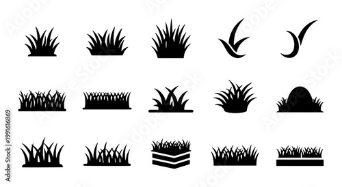 Black grass silhouette icons set, 15 vector lawn and meadow plant elements, minimalist garden turf and field greenery symbols for landscape design