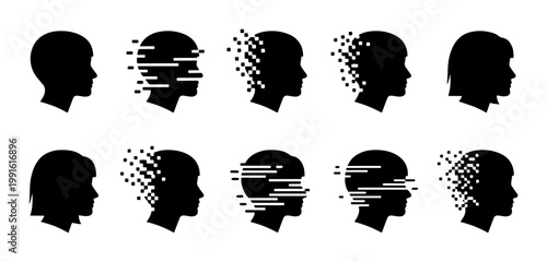 Glitch human head profile silhouettes, pixelated mental health icons, 10 digital disintegration face vectors, memory loss and identity concept art