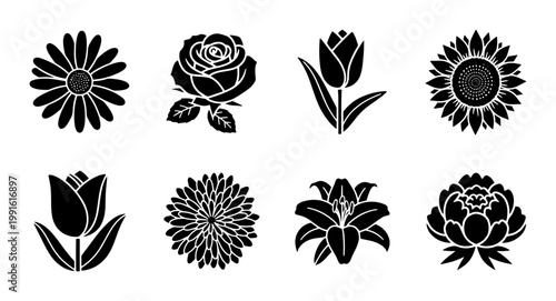 Minimalist black flower icons set, 8 floral vector silhouettes including rose and tulip, botanical garden blossom symbols for logo design