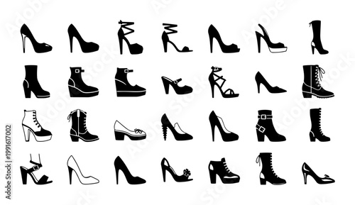 Fashionable women shoes silhouette collection, 28 female footwear icons vector set, elegant high heels and stylish boots for retail and apparel design