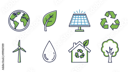 Eco-Friendly Elements: A collection of environmentally conscious icons that represent sustainability, renewable energy, and the preservation of the planet.