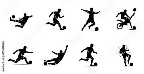 Soccer player silhouettes set, football athlete action poses collection, black vector icons of players kicking and dribbling, sports competition graphics