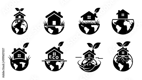 Eco friendly house icons set, sustainable green home on earth globe vector, 8 environmental living symbols for renewable energy and ecology branding