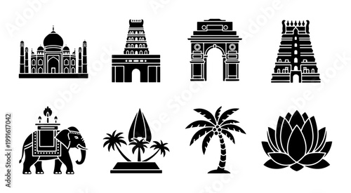 Indian landmarks and cultural icons set, black silhouette vector illustrations of famous monuments, 8 travel and tourism design elements