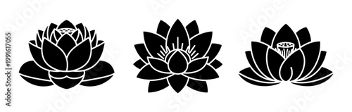 Zen lotus flower silhouettes, set of 3 black floral vector icons, minimalist water lily blossom symbols for yoga and wellness branding