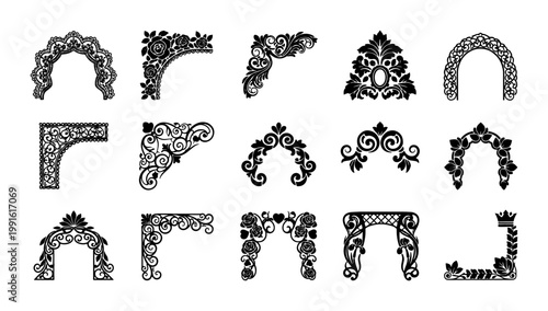 Obraz na plátně Vintage ornamental corner borders and floral frames, 15 decorative black vector