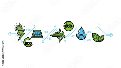 Eco-friendly diagram representing renewable energy sources in a line