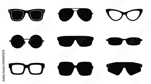 Sunglasses silhouette collection, set of 9 black eyewear icons, fashion sun glasses vector illustrations, modern and retro frame styles for summer