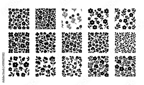 Minimalist black and white floral patterns, set of 15 botanical seamless vector swatches, hand drawn ditsy flower textures for textile design