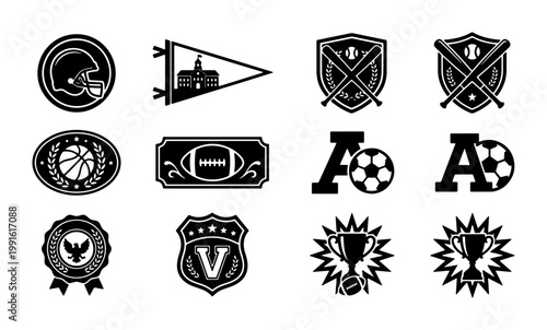 Canvas Print Vintage sports badges and varsity emblems set, 12 black and white athletic icons
