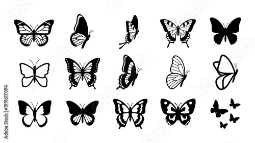 Minimalist butterfly silhouette collection, 15 black and white insect vector icons, elegant butterfly wing line art set for nature branding and tattoo design