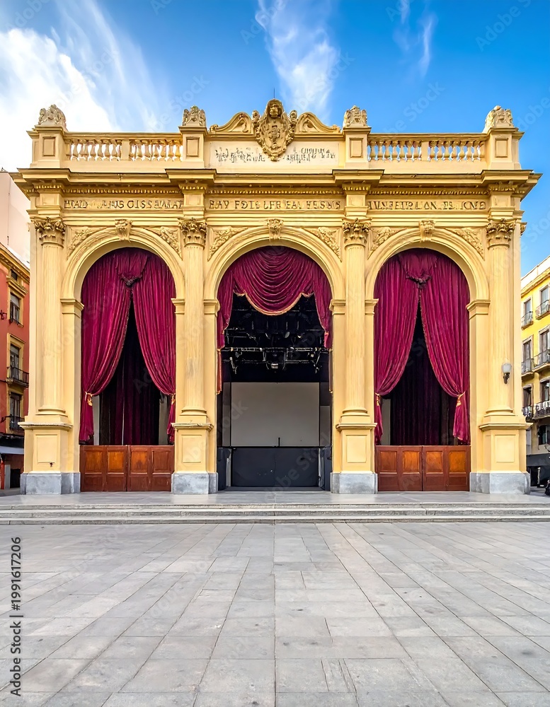 Obraz premium Ornate Yellow Architectural Theater Pavilion With Red Velvet Curtains On A Public Square Under A Blue