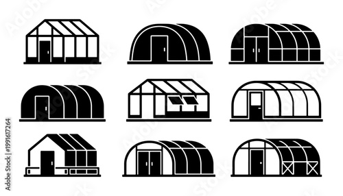Greenhouse icon set with 9 vector elements, black and white hothouse symbols for gardening, glasshouse and poly tunnel silhouettes for agriculture