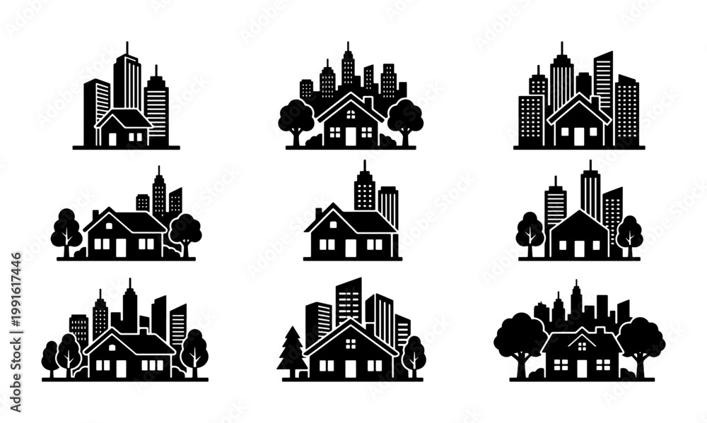 Fototapeta premium Modern City Real Estate Icons, Set of 9 Black House and Skyscraper Vector Silhouettes, Urban Residential and Commercial Building Logos