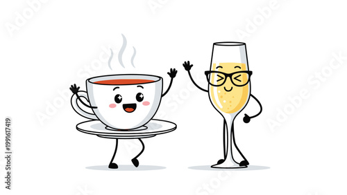 Cheerful tea cup and champagne glass characters waving and smiling together representing celebration and social gathering themes.