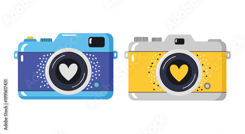 Pair of colorful photo camera illustrations, one blue and one yellow, both featuring a heart on the lens for love of photography themes.