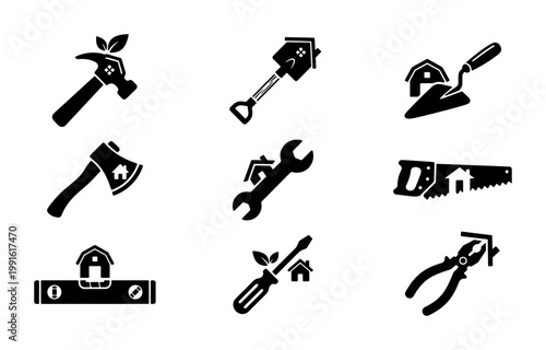 Home renovation tool icons set, 9 black vector construction symbols, house repair and maintenance equipment for building services and DIY projects