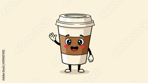 Friendly take away coffee cup character with a sleeve and lid waving and smiling against a light beige background for cafes.