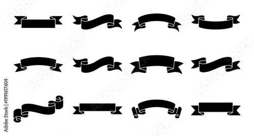 Vintage black ribbon banners set, 12 decorative scroll vector elements, classic heraldic banner silhouettes for labels and certificates