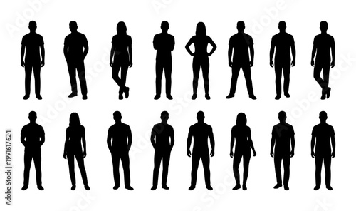 Black people silhouettes collection, 16 standing human figures in various poses, diverse group of men and women vector icons for architectural scale