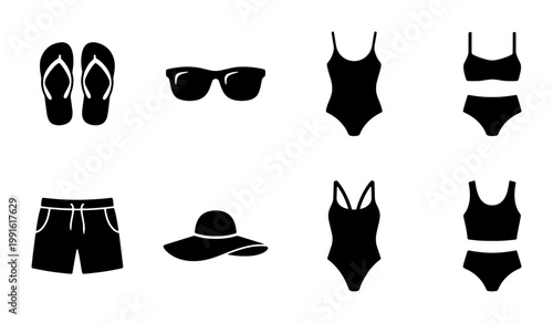 Summer beach wear icon set, black silhouette swimwear and vacation accessories, 8 vector elements including swimsuits, sunglasses, and flip flops