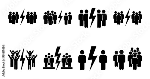 Conflict and disagreement icon set, 8 black vector silhouettes of people separated by lightning bolt, social division and group argument symbols