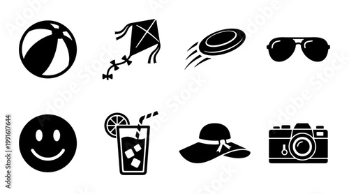 Summer vacation icons set, black beach holiday vector elements, travel and leisure symbols collection, minimalist seasonal outdoor activity graphics