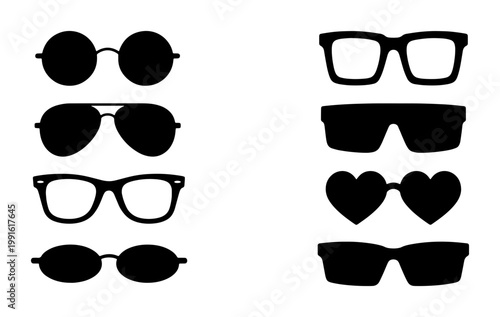 Black sunglasses silhouette icons, set of 8 vector eyewear shapes, minimalist fashion glasses and summer sun protection frames on white background