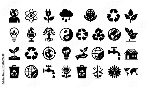 Eco friendly icons set, 32 black flat ecology symbols for sustainable energy and recycling, green environment vector collection for corporate social responsibility