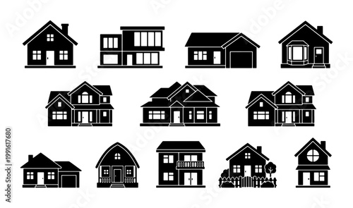 Black house silhouette icons set, residential building exterior vector collection, modern real estate property symbols for maps and infographics