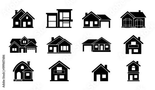Minimalist house icons set, black silhouette residential building vector collection, modern home exterior architecture symbols for real estate