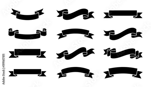 Vintage black ribbon banners set, decorative parchment scroll silhouettes, 12 vector banner elements for labels and logos, classic heraldic ribbon shapes