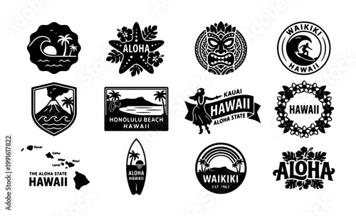 Vintage Hawaii travel badges and tropical aloha icons, set of 12 black and white surf emblems, Waikiki beach and Honolulu island vector graphics