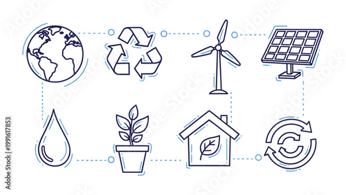 Sustainable future illustration: A graphic illustration showcasing symbols of a sustainable future, encompassing the globe, recycling, wind energy, solar power, water, plant, and eco-friendly home.
