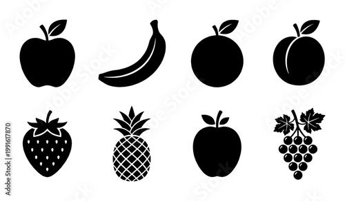Minimalist fruit icon set with 8 black silhouettes, flat vector fruit symbols for grocery and food apps, organic produce collection including apple and banana