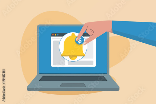 Hand placing a dollar coin on a notification bell icon on a laptop screen vector cartoon illustration isolated on transparent background