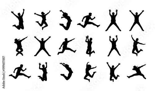 Jumping people silhouettes set, 18 happy person jumping and dancing figures, black human silhouettes in action poses, active lifestyle vector elements