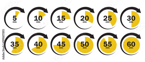 Minutes countdown timer icon set. The clock is filled with yellow colour every 5 minutes after 12 clock. Simple time duration icons showing 5 to 60 minutes. Vector illustration.