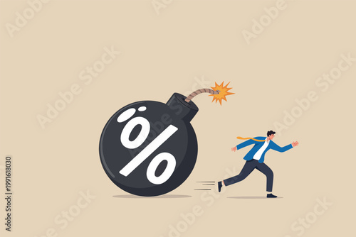 Businessman running away from a ticking bomb with a percentage symbol vector cartoon illustration isolated on transparent background