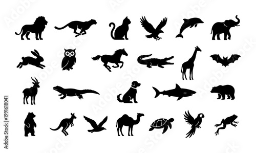 Black animal silhouettes set, 24 wild and domestic animal vector icons, minimalist wildlife fauna collection for logos and infographics