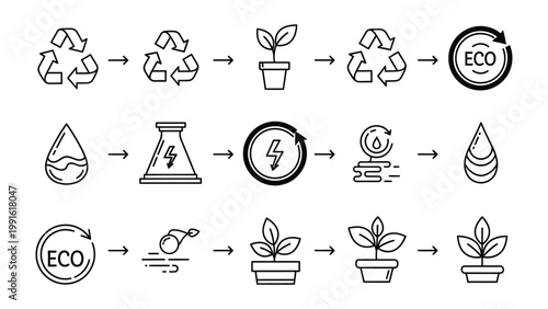 Eco-Friendly Journey: Depicting a series of diagrams illustrating the lifecycle of environmental conservation, highlighting key processes like recycling, renewable energy, and sustainable practices. 