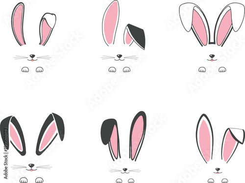 Easter bunny ear illustartion set, Bunny face with whiskers and paw Free Vector