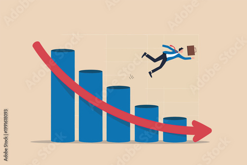 Business concept of a businessman falling off a declining bar chart vector cartoon illustration isolated on transparent background