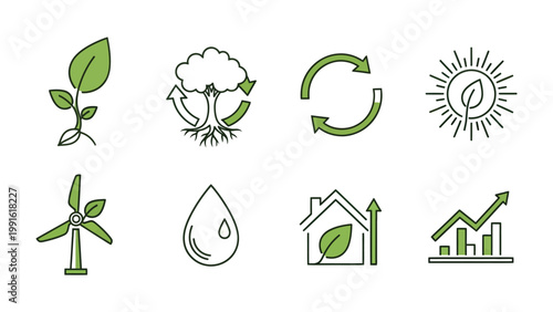 Eco-friendly Icons Set: A comprehensive collection of minimalistic green icons that portray various sustainable and environmentally friendly concepts.