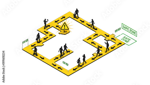 Top View Emergency Evacuation System Vector Illustration Showing Human Movement Flow, Warning Routes and Safe Zone Arrival in Minimal Layout Isolated on White Background