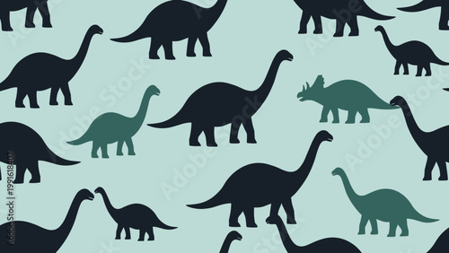 Seamless pattern showcasing various dinosaur silhouettes like Brachiosaurus and Triceratops on a light green base.