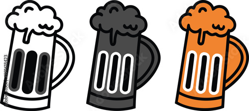 Colorful illustrations of beer mugs with foamy tops in white, dark gray, and orange hues