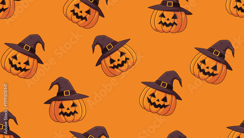Seamless festive Halloween pattern with orange pumpkins wearing purple witch hats scattered on an orange background.