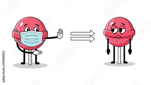 Conceptual cartoon showing a lollipop wearing a medical mask and gesturing to another lollipop to maintain distance.